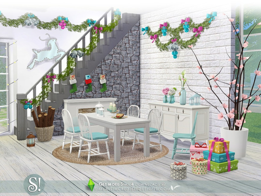 Un ensemble coloré avec des cadeaux aux couleurs vives, une guirlande bleue et rose, et des chaises blanches lumineuses.