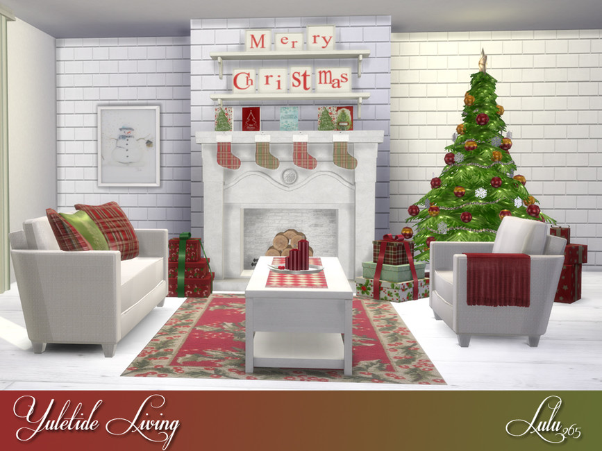 Une pièce blanche décorée pour les vacances. Cette pièce a des murs blancs, un sol blanc et des meubles blancs. Il y a un sapin de Noël décoré dans le coin et des coussins et des couvertures rouges et vertes sur les canapés.
