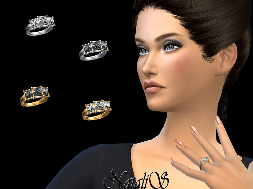 Un sim aux cheveux bruns et aux yeux clairs, ils ont leur main sur leur cou pour montrer leur bague en diamant.