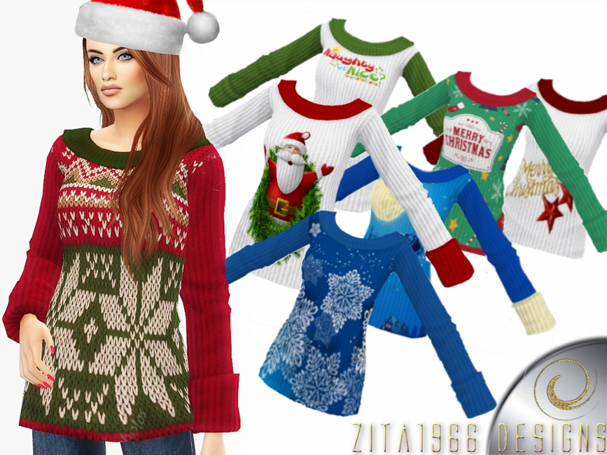 Un Sim portant un bonnet de Père Noël avec un pull de Noël amusant, ajusté et évasé avec des manches retroussées