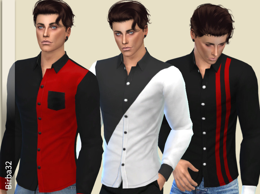 Le même sim trois fois portant différentes versions de la même chemise de Noël avec boutons pour les Sims 4