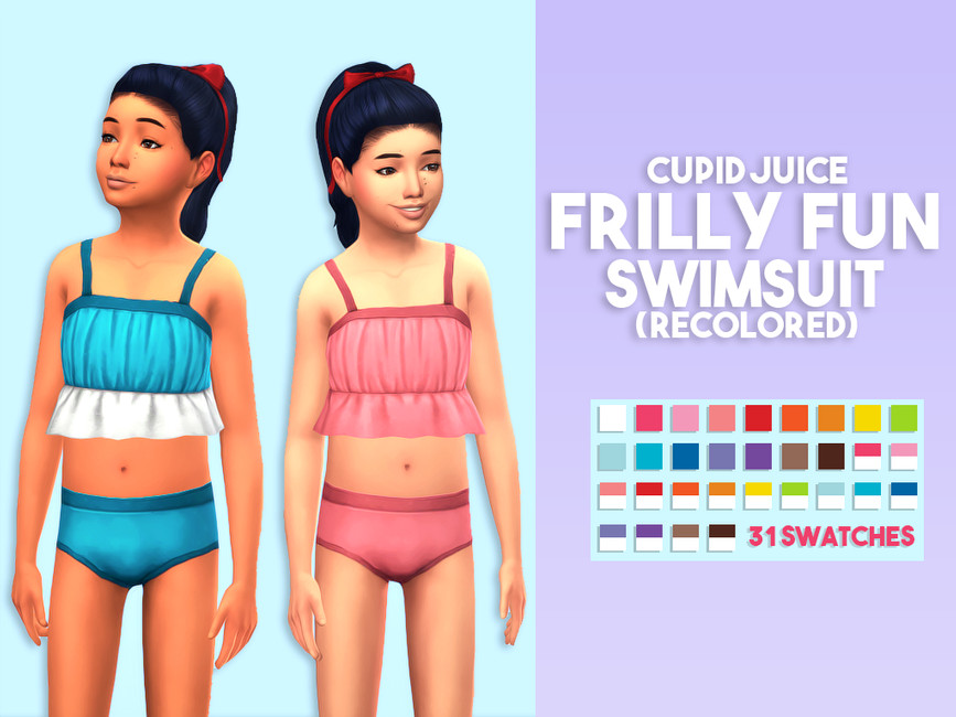 Deux enfants des Sims 4 portant des maillots de bain avec des volants en bas du haut du maillot.