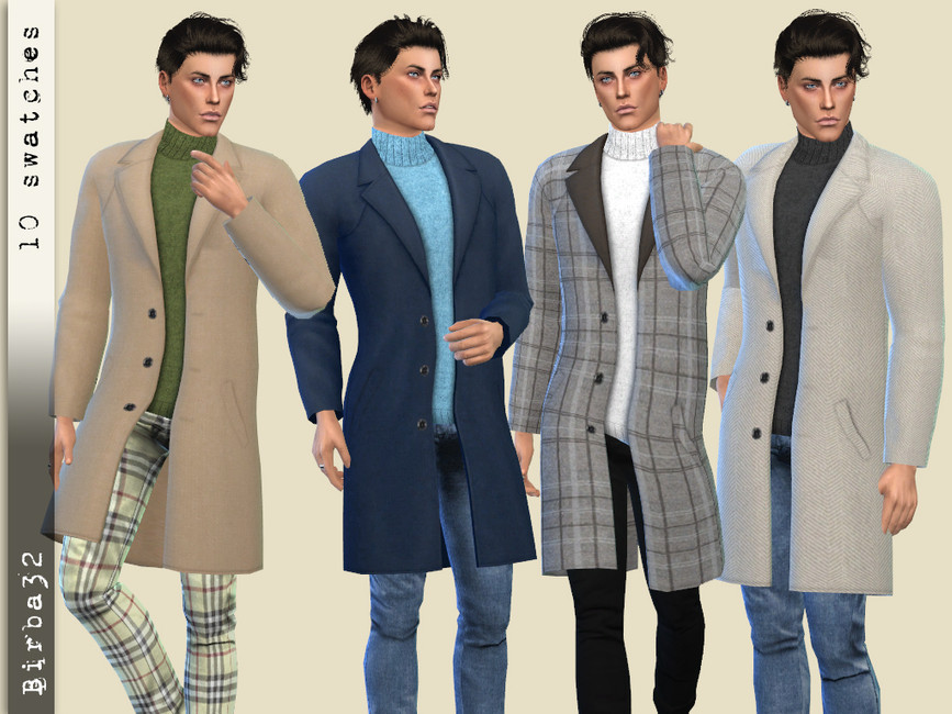 Le même Sim aux cheveux noirs portant quatre fois un pantalon long, une veste longue et un pull dans différents motifs.