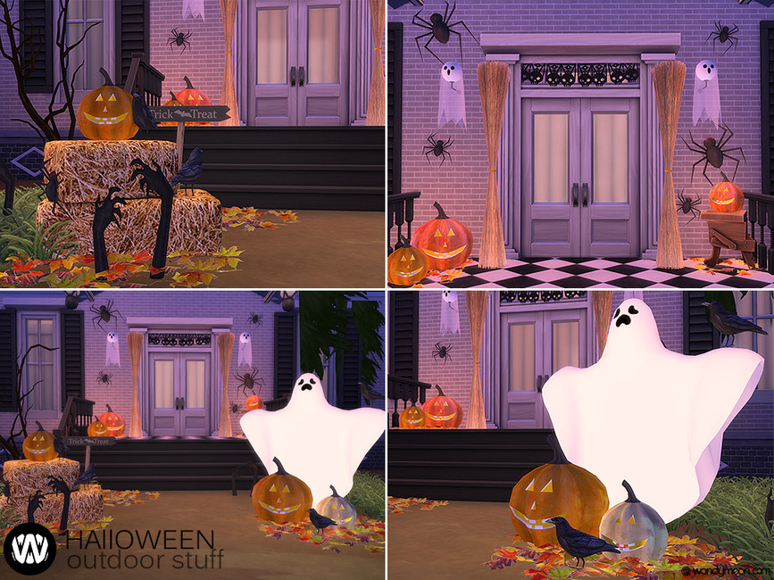 un porche avant d'une maison dans Les Sims 4 recouvert de décorations d'Halloween
