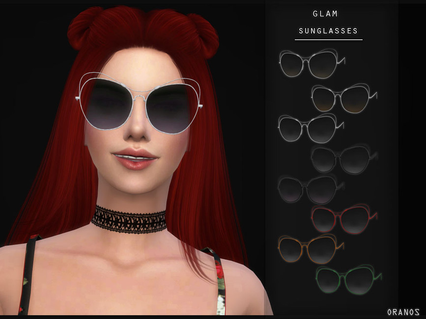 Un sim aux cheveux rouges portant un collier. Il porte une paire de lunettes de soleil de grande taille.
