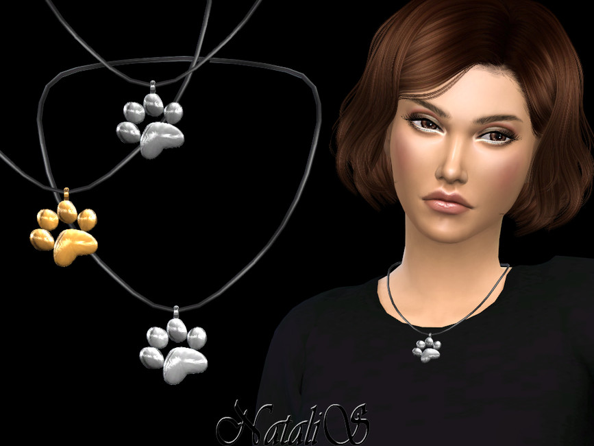 Un Sim aux cheveux bruns et aux yeux bruns portant un collier en forme de patte.