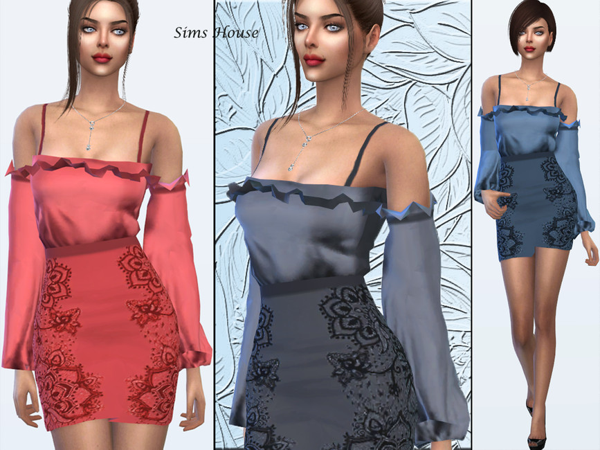 La même sim trois fois portant la même robe. Cette robe à manches longues a des manches détachées et des bretelles spaghetti ainsi qu'un motif mandala amusant sur la jupe.