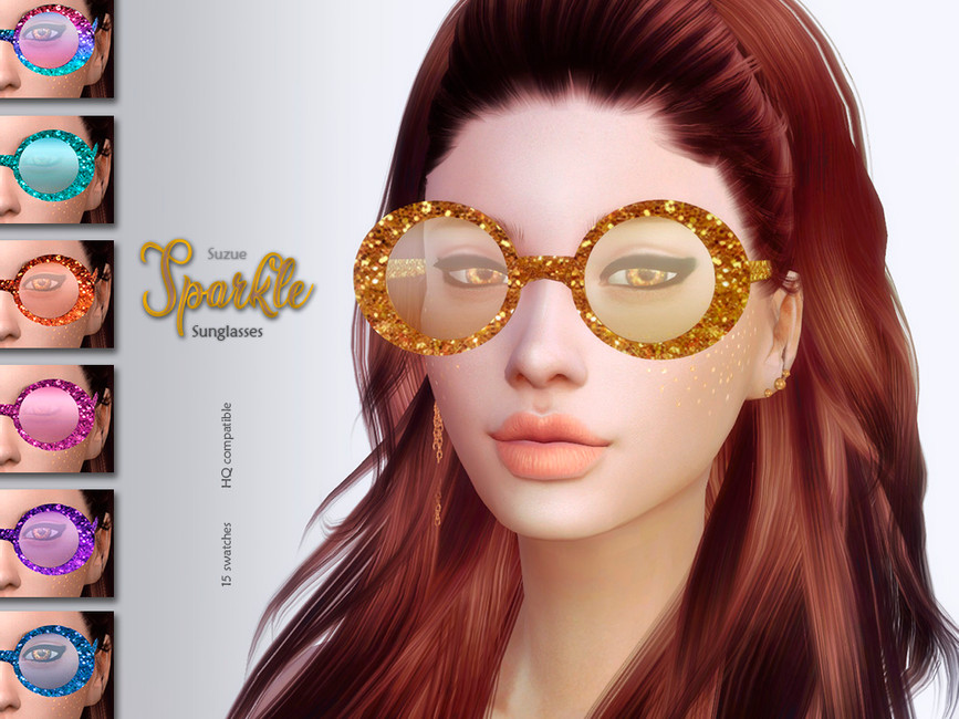 Un Sim aux cheveux brun-roux portant de grandes lunettes de soleil rondes. Les lunettes de ce personnage de Sims 4 sont d'un doré vif avec des paillettes.