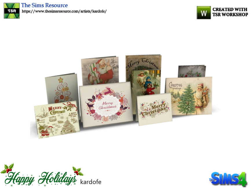Un ensemble de cartes décoratives CC de Noël avec des images du Père Noël, d'enfants qui jouent, et plus encore. Parfait pour décorer dans Les Sims 4.