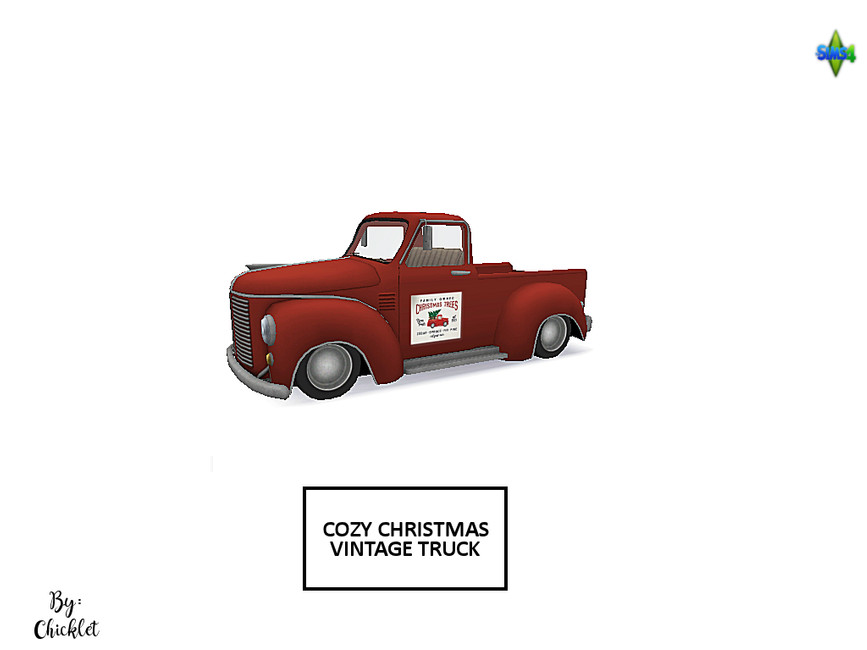 Un vieux camion rouge décoratif vintage avec un panneau de ferme de sapins de Noël sur le côté.