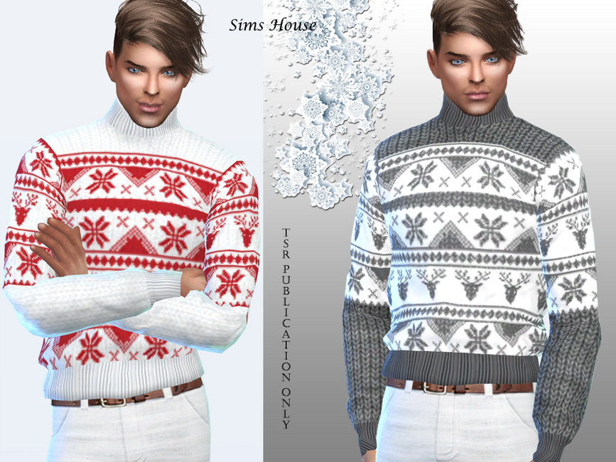 Le même Sim deux fois, dans les deux images, ils portent un pull à motifs et tricoté parfait pour l'hiver.