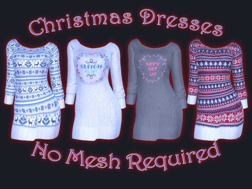 Un fond noir avec quatre robes de Noël, les robes sont ombrées pour ressembler à des enseignes au néon
