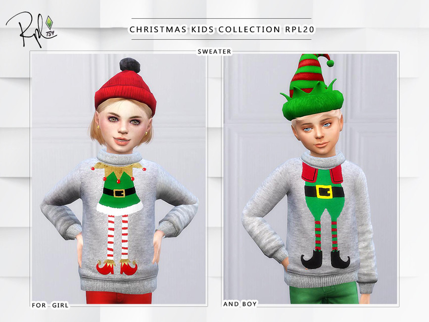 Deux enfants blonds de The Sims 4. Ces sims portent tous deux des pull-overs gris à col montant où il y a un motif d'elfe qui donne l'impression qu'ils sont l'elfe.