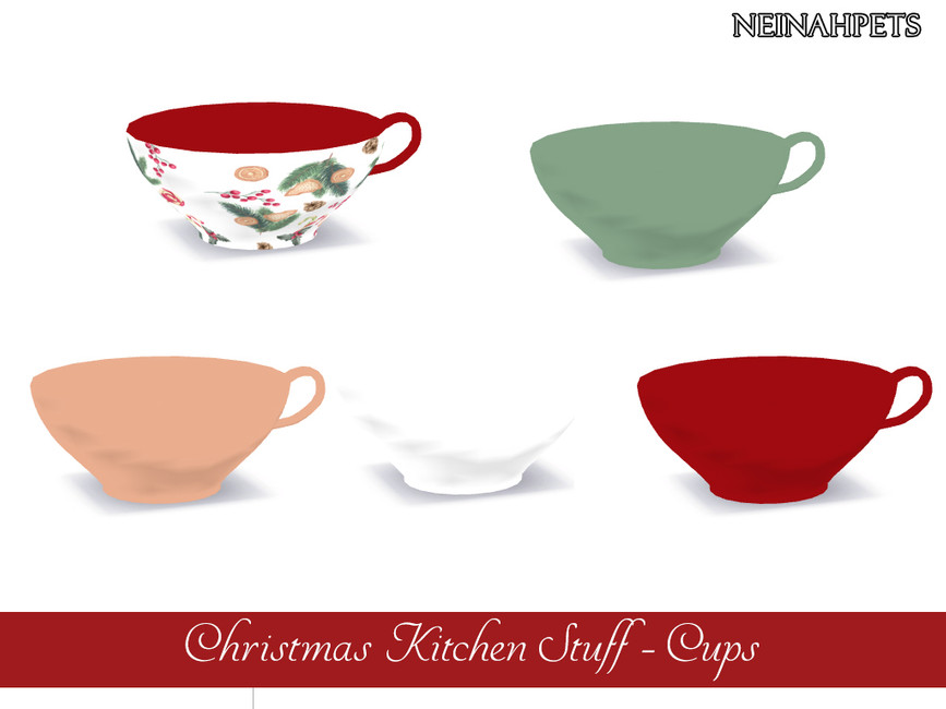 Un ensemble de cinq tasses festives, de couleur rouge, blanche, verte et avec un motif de houx.