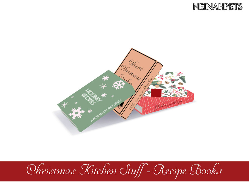 Un ensemble de quatre livres de recettes de Noël Sims 4 cc. Il y en a deux empilés l'un sur l'autre et les deux autres sont appuyés contre eux.