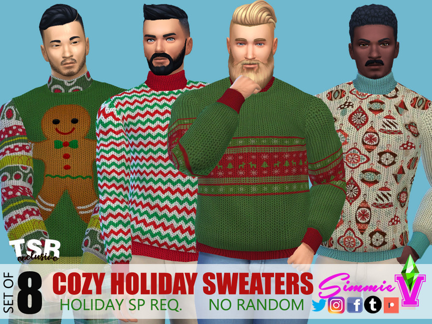 Quatre personnages masculins de Les Sims 4 se tenant côte à côte dans des pulls de Noël verts, gris et rouges