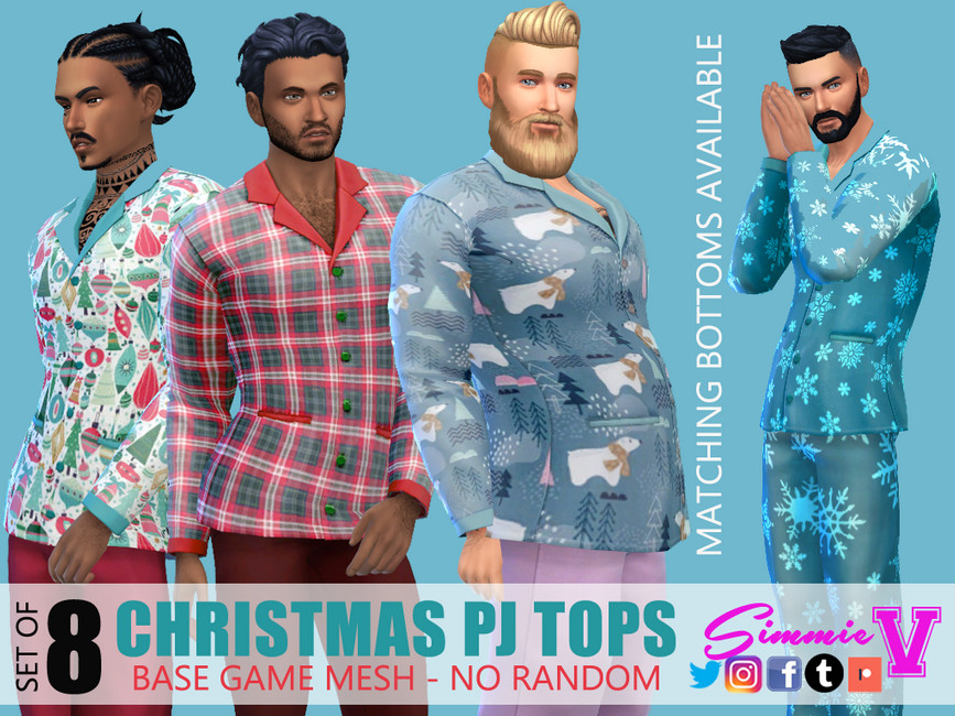 Quatre sims avec différentes coiffures portant des hauts de pyjama de Noël boutonnés.