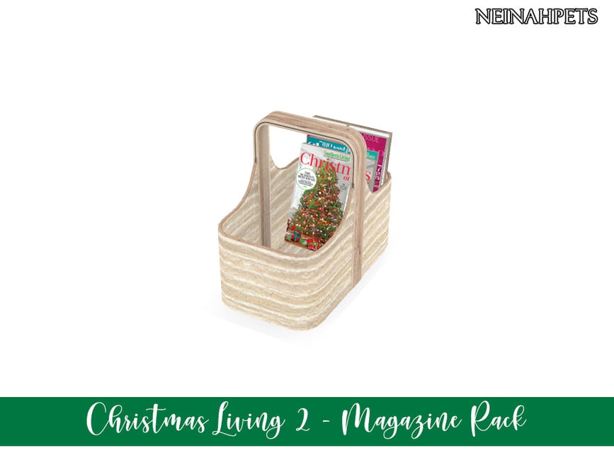 Un panier en bois clair avec des magazines à l'intérieur avec des couvertures de Noël.