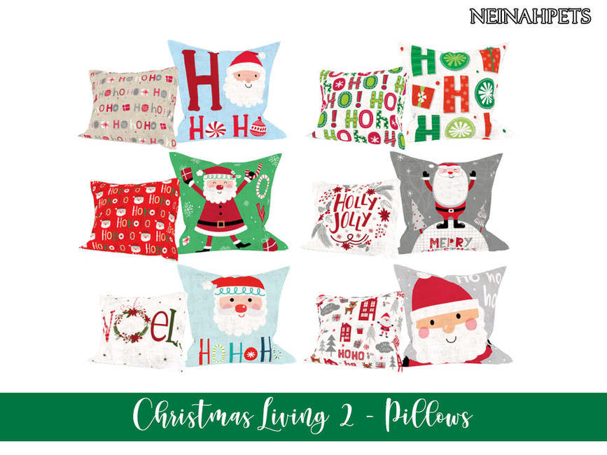 Une collection de coussins avec le Père Noël et Ho Ho Ho dessus.