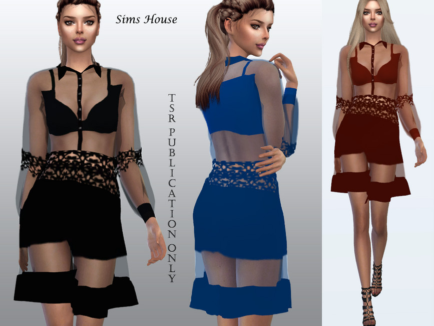 Le même sim qui porte un soutien-gorge sous une robe en maille transparente à manches longues de The Sims 4.