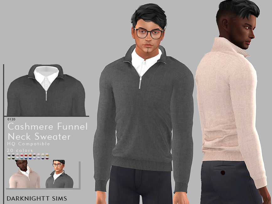 Deux Sims portant un pull col roulé en cachemire avec une chemise polo en dessous
