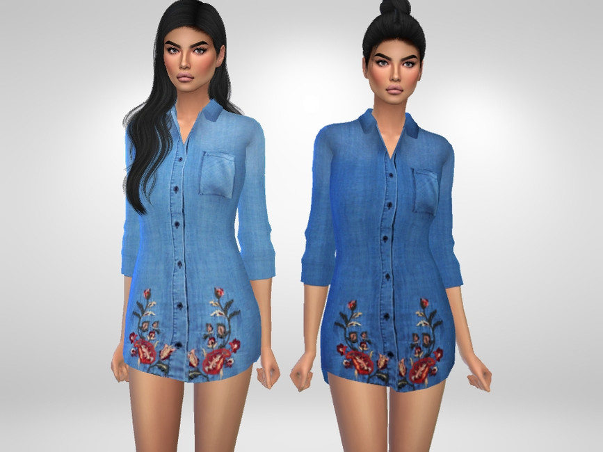 deux sims aux cheveux noirs portant des chemises en jean boutonnées avec des fleurs brodées.