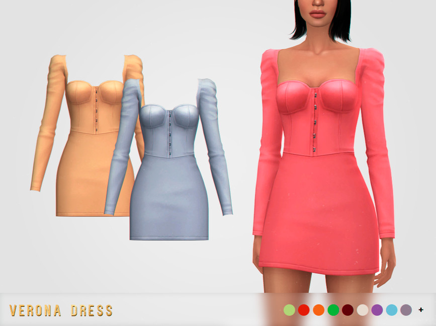 Un personnage féminin du jeu Les Sims 4 dont la tête est coupée de l'image. Elle porte une robe mini corset à manches longues en rose vif.