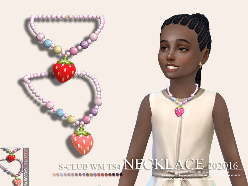 Un sim avec les cheveux attachés en queue de cheval à partir de tresses qui porte une robe beige. Il porte également un collier Sims 4 CC qui est composé de perles et d'une fraise.