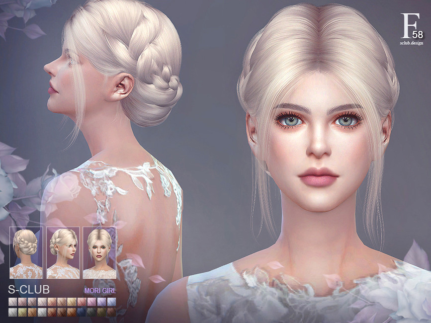 Un Sim avec des cheveux blonds clairs et des yeux verts. Ils portent une robe de mariée et ont les cheveux attachés en chignon bas avec des tresses.