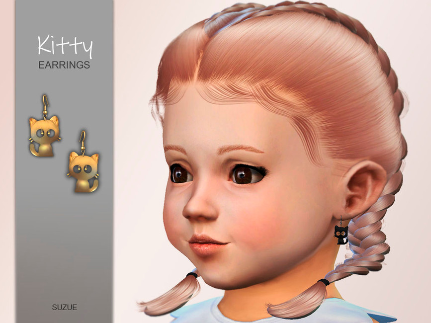 Un Sim aux cheveux couleur or rose qui porte une paire de boucles d'oreilles de chat noir.