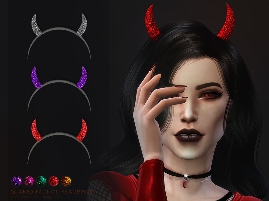 Un sim avec des cheveux noirs, des yeux rouges, des ongles rouges et des cornes de diable