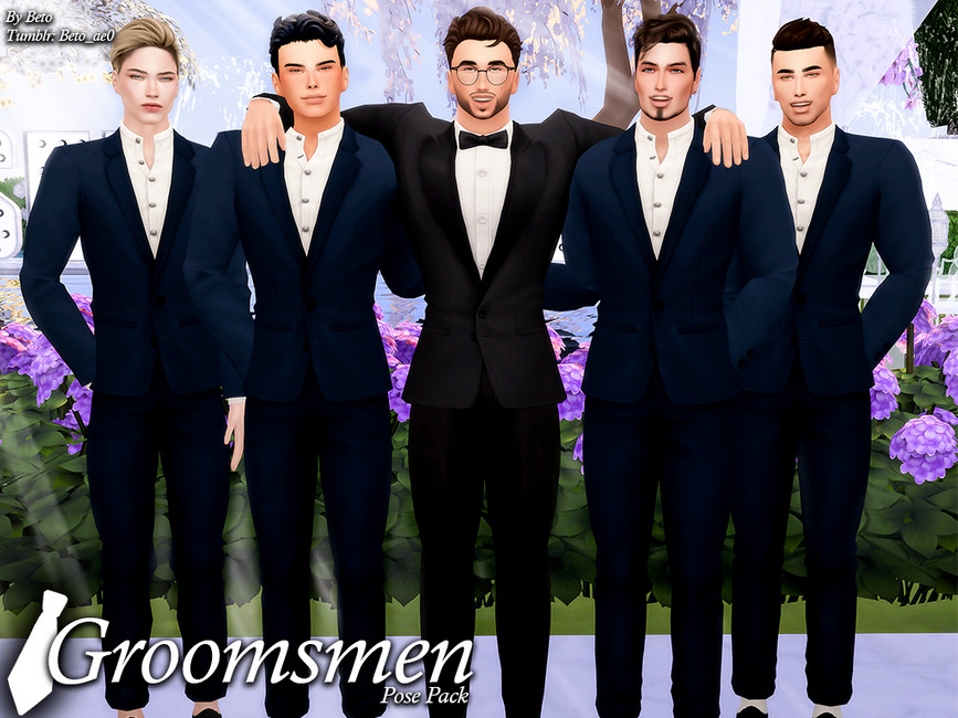 Cinq hommes habillés en costumes posant avec le marié lors d'un mariage avec des CC dans Les Sims 4.