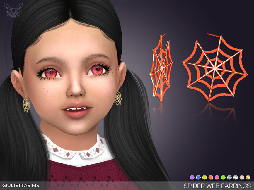 Un tout-petit dans Les Sims 4 portant une paire de boucles d'oreilles CC en toile d'araignée pour Halloween. Le sim a des cheveux noirs en couettes derrière l'oreille et des yeux rouges.