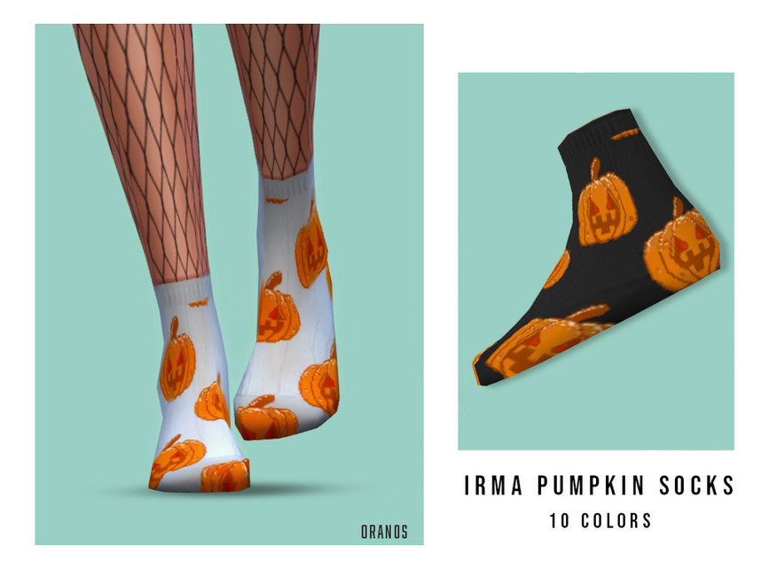 Les jambes d'un sim portant des bas résille sous leurs chaussettes ornées de citrouilles