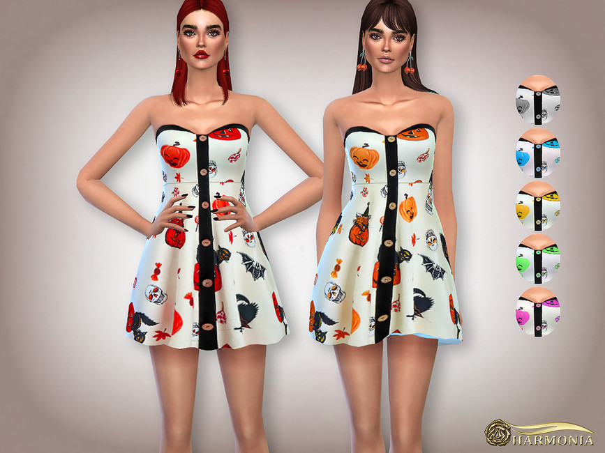 Deux sims debout dans une robe sims 4 Halloween avec un décolleté en cœur, cette robe a un motif amusant et des boutons au milieu.