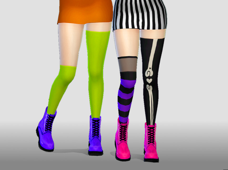 Deux personnages dans Les Sims 4, mais seulement leurs jambes, avec des jambières asymétriques en tant qu'accessoires d'Halloween