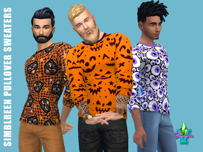 Trois Sims portant des pull-overs à thème d'Halloween avec des motifs de chats, d'yeux ou de visages de citrouille