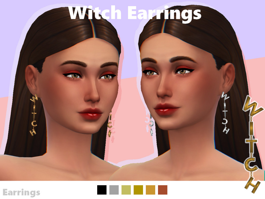 un sim dans les Sims 4 avec des cheveux bruns qui porte des boucles d'oreilles Halloween avec les lettres WITCH