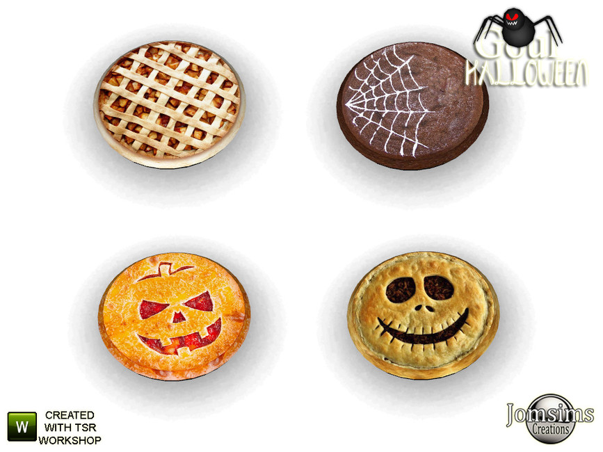 quatre tartes avec des décorations d'Halloween comme des visages effrayants et des toiles d'araignées