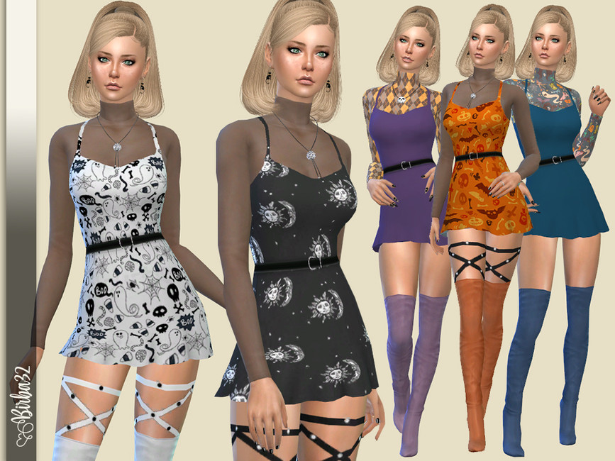 Le même sim cinq fois portant une robe mini Halloween dans les Sims 4