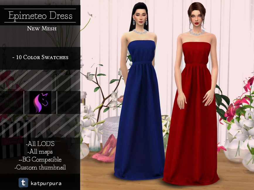 Deux sims portant des boucles d'oreilles pendantes et des colliers statement. Ils portent tous deux des robes de mariée sans bretelles et longues jusqu'au sol dans Les Sims 4.