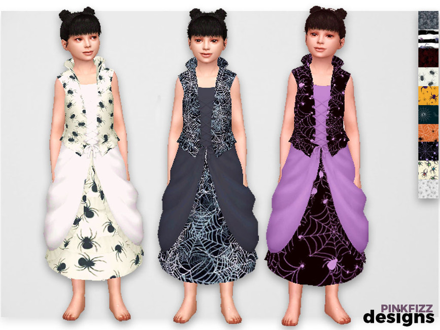 La même sim portant la robe CC Sims 4 avec un gilet corset et une jupe bouffante avec des toiles d'araignées et des motifs d'araignées
