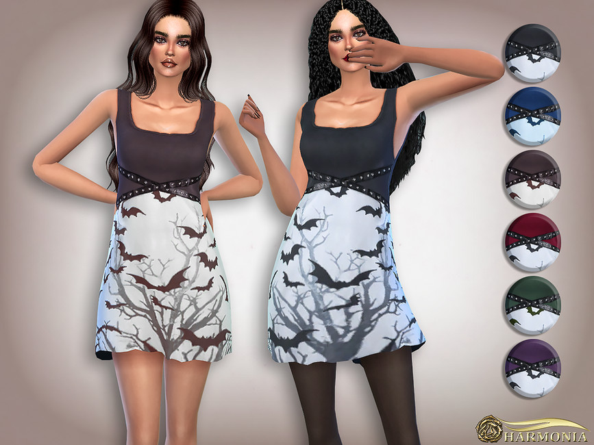 Deux sims portant une robe avec un haut simple et carré et un bas avec des arbres et des chauve-souris