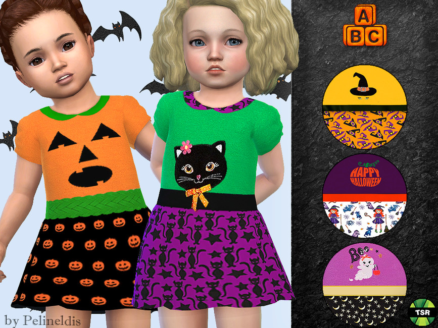 Deux tout-petits portant une robe d'Halloween cc pour les sims 4. Cette robe a des échantillons où la poitrine ressemble à une citrouille, ou une sorcière, ou un fantôme