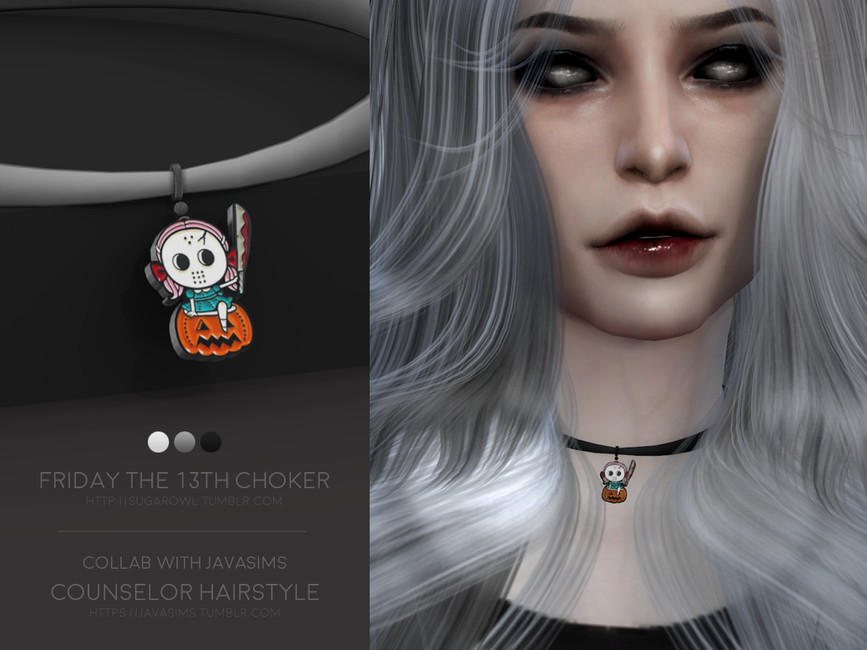 Un sim aux cheveux gris portant un collier inspiré du Vendredi 13