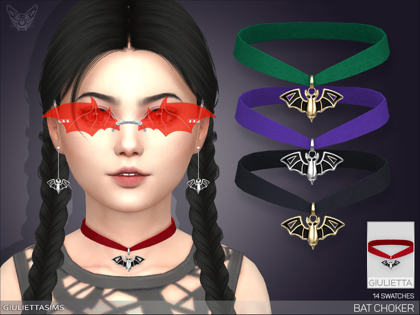 Un sim aux cheveux noirs avec des tresses en queue de cochon, portant des lunettes d'Halloween et un collier en velours accessoires sims 4 cc