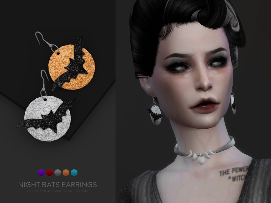 Un Sim avec des cheveux noirs et des yeux effrayants portant une paire de boucles d'oreilles représentant une chauve-souris devant une lune
