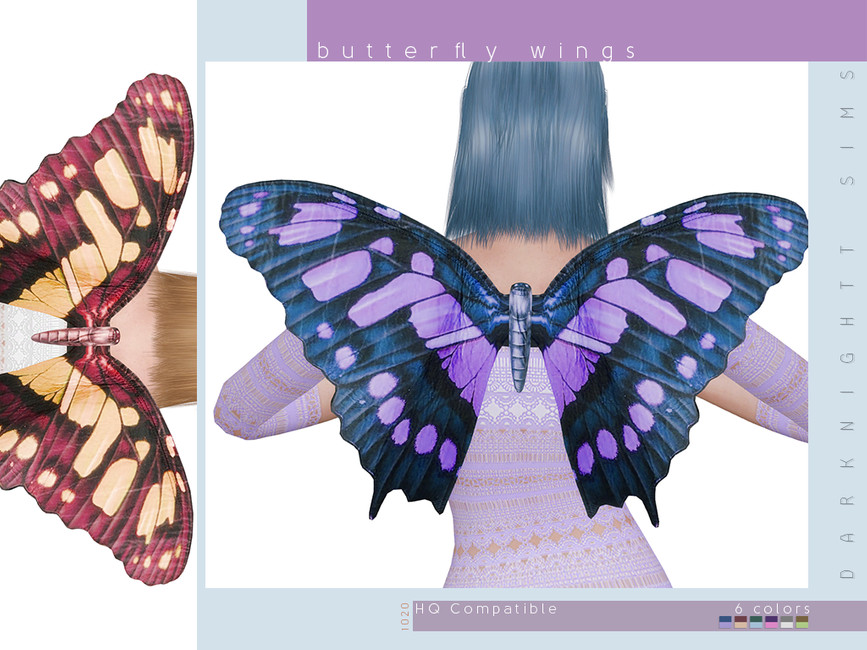 Un sim regardant loin de la caméra tout en portant une paire d'ailes de papillon