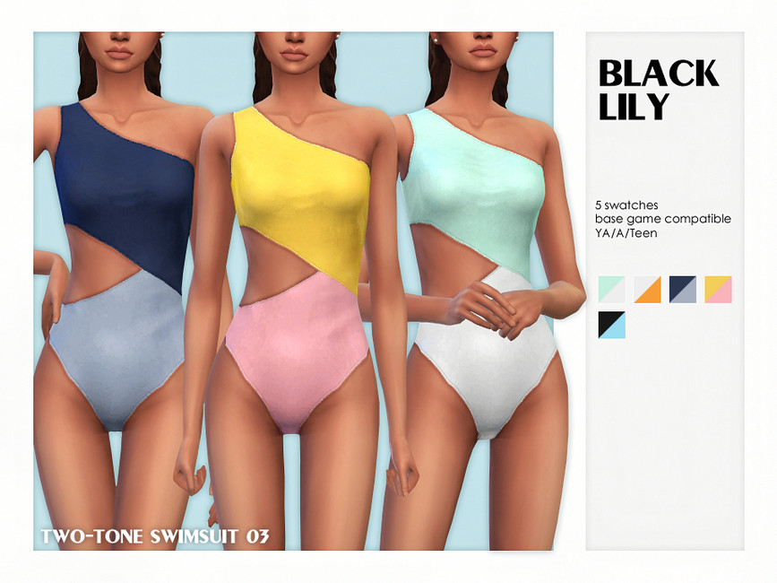 Trois sims identiques se tiennent côte à côte, leurs têtes étant coupées de l'image. Ils portent des maillots de bain une pièce avec une découpe sur le côté.
