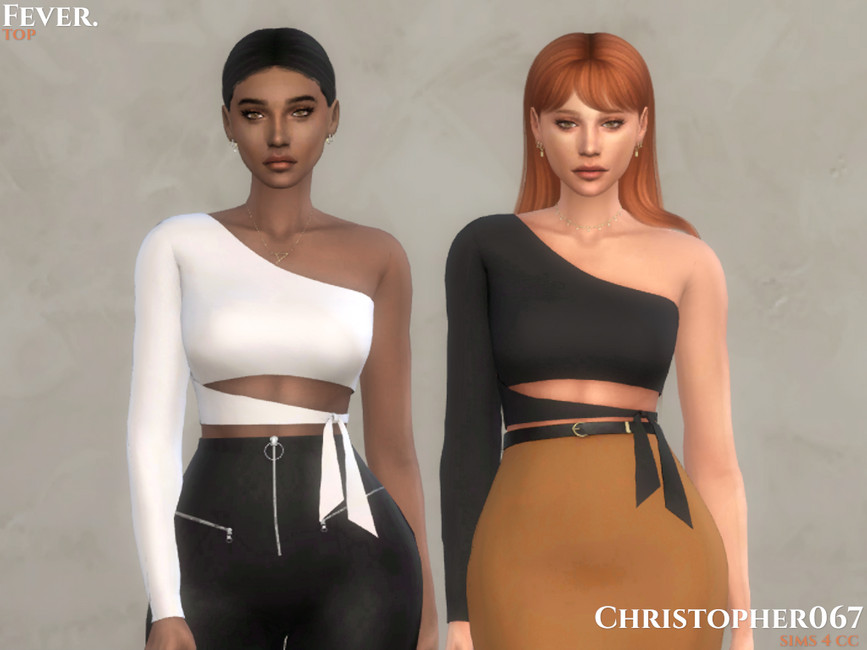 Deux sims portant des hauts à une épaule Sims 4 CC.